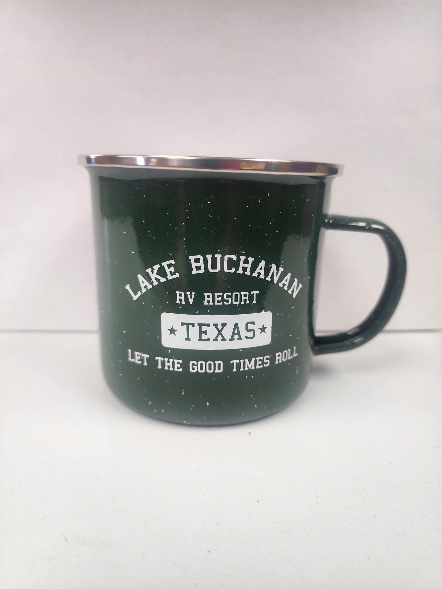 Lake Buchanan RV Texas Collegiate Logo Speckled Camp Mug