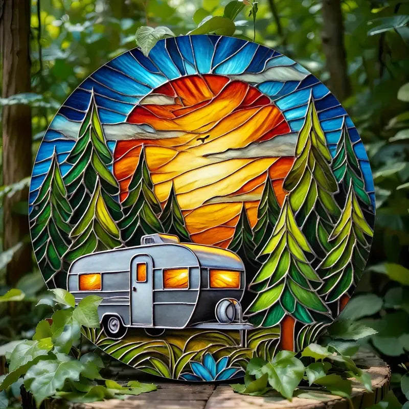 Faux Stained Glass RV in the Woods Metal Circle Hanging Wall Art