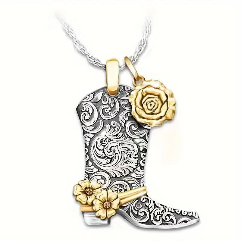 Cowboy Boot + Gold Rose Sterling Silver Necklace