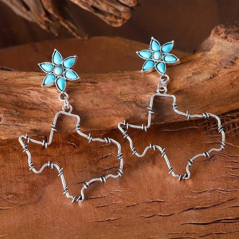 Texas Outline + Turquoise Flower Earrings