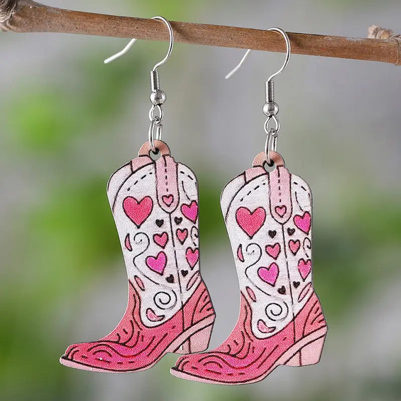 Pink Flower Cowboy Boot Wooden Earrings