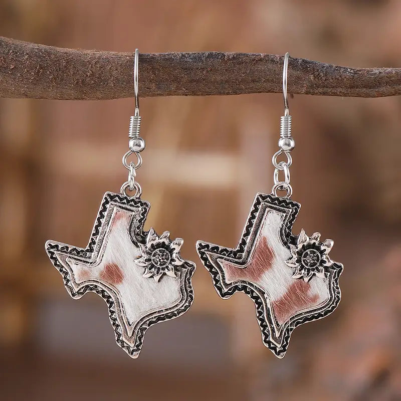 Texas Cowhide Outline + Flower Earrings