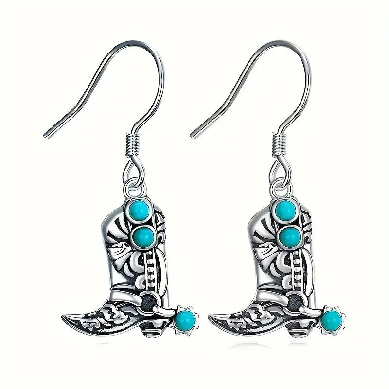 Silver Cowboy Boot + Turquoise Earrings
