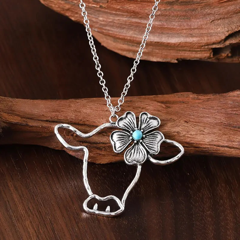 Cow + Flower Turquoise Sterling Silver Necklace