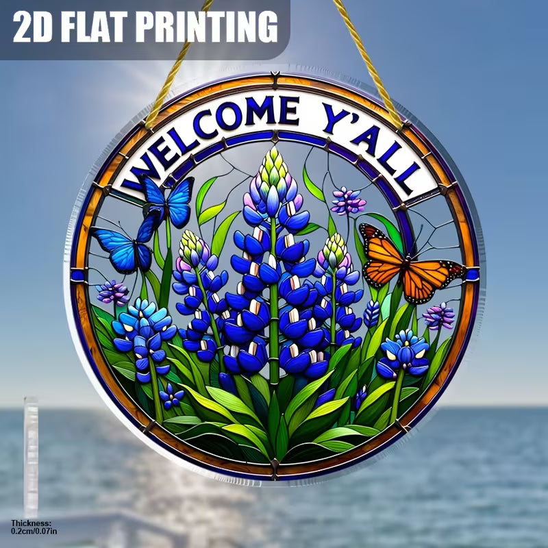 Welcome Y'all Texas Bluebonnet Suncatcher Acrylic Wall Art